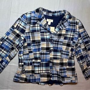 Ann Taylor LOFT Madras Blue Plaid Patchwork Blazer Cotton Casual Work Size 8